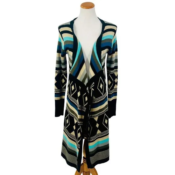 Love Stitch Long Geometric Striped Open Front Waterfall Cardigan Duster - Picture 3 of 16